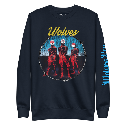 Wolves Cry Descendants crewneck in navy — heavyweight sweatshirt with multicolor rock-inspired graphic and baby blue sleeve print.