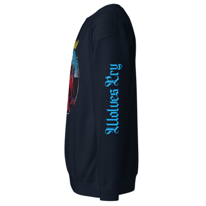 Close-up of baby blue Wolves Cry sleeve print on navy Descendants crewneck — premium contrast ink detail.