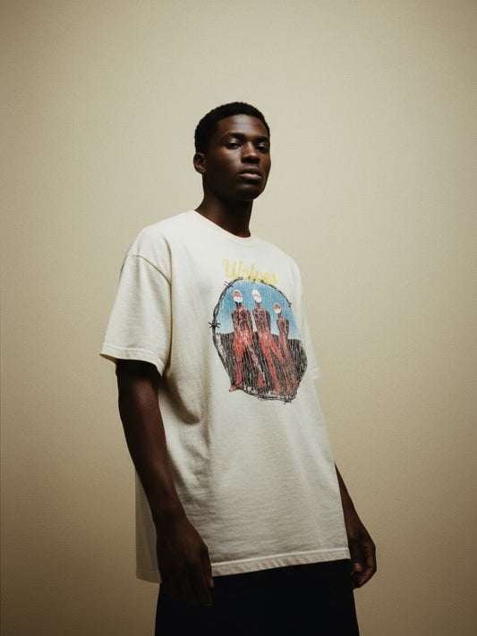 Model wearing the Wolves Cry Descendants oversized bone tee — soft neutral tone with bold graphic and modern streetwear silhouette.