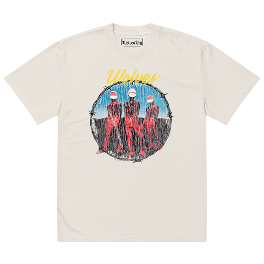 Wolves Cry Descendants oversized tee in bone — vintage washed off-white shirt with multicolor graphic and relaxed streetwear fit.