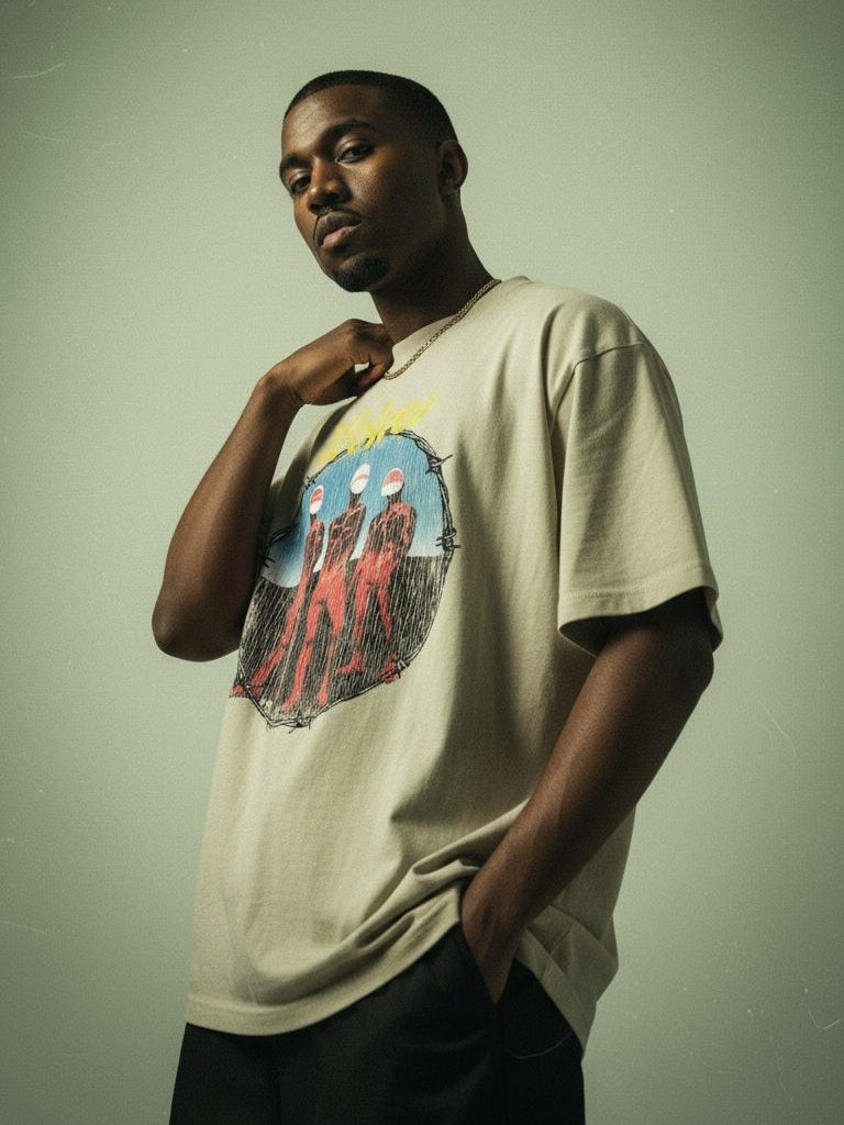 Model wearing Wolves Cry Descendants sage oversized tee — soft green streetwear shirt styled in a modern relaxed silhouette.