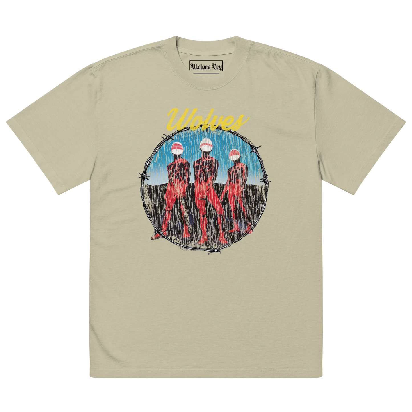 Wolves Cry Descendants oversized tee in sage — muted earth-tone t-shirt with bold multicolor graphic and relaxed vintage streetwear fit.