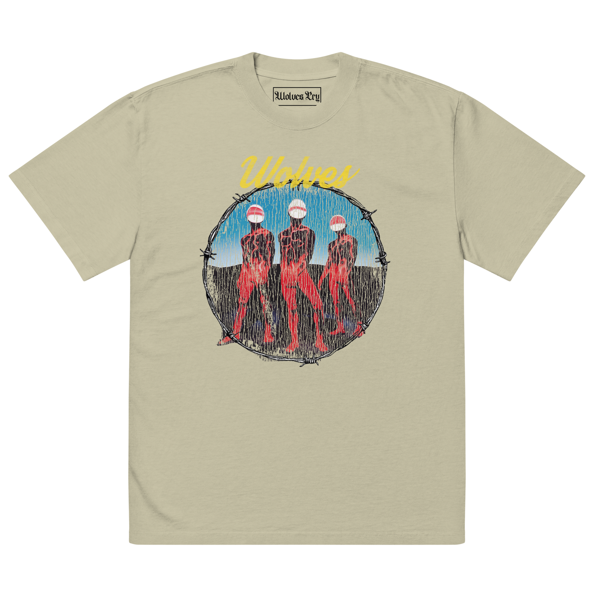 Wolves Cry Descendants oversized tee in sage — muted earth-tone t-shirt with bold multicolor graphic and relaxed vintage streetwear fit.