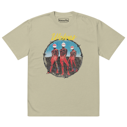 Wolves Cry Descendants oversized tee in sage — muted earth-tone t-shirt with bold multicolor graphic and relaxed vintage streetwear fit.