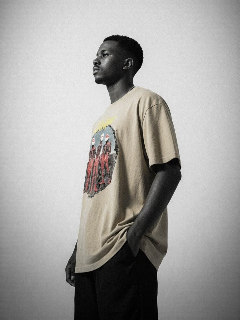 Model wearing Wolves Cry Descendants oversized sand tee — neutral tone graphic shirt styled in a clean, modern streetwear fit.