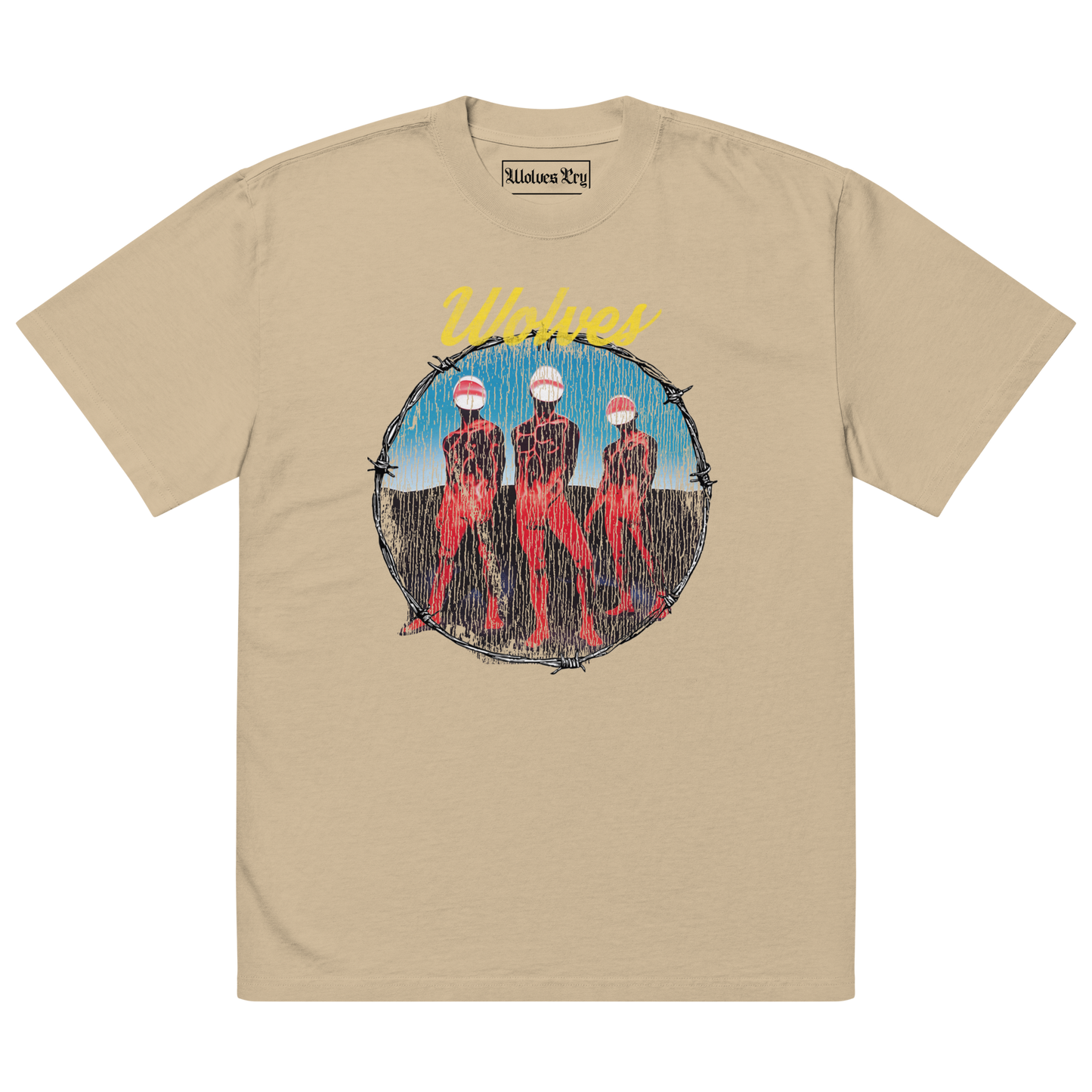 Wolves Cry Descendants oversized tee in sand — warm vintage tan base with bold multicolor graphic and relaxed streetwear silhouette.