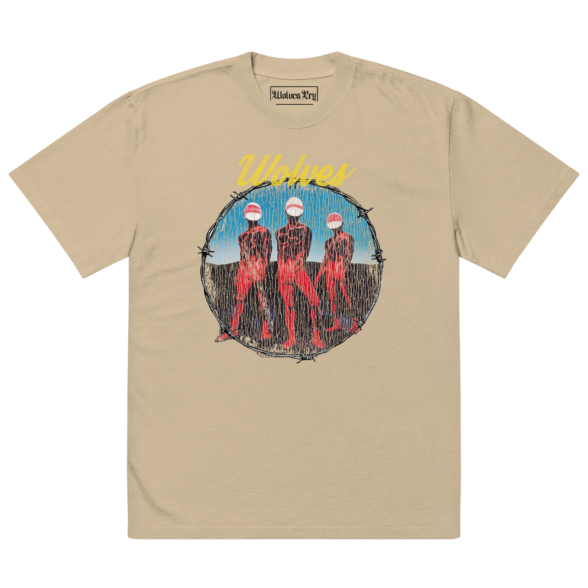 Wolves Cry Descendants oversized tee in sand — warm vintage tan base with bold multicolor graphic and relaxed streetwear silhouette.