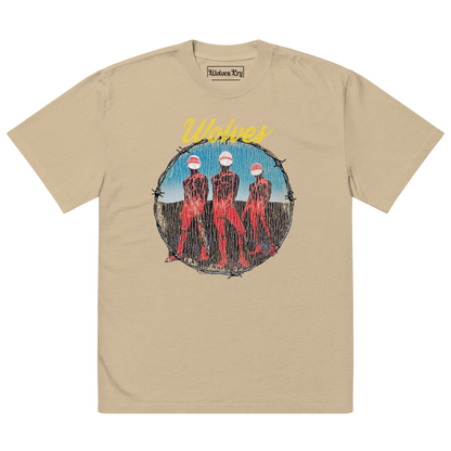 Wolves Cry Descendants oversized tee in sand — warm vintage tan base with bold multicolor graphic and relaxed streetwear silhouette.