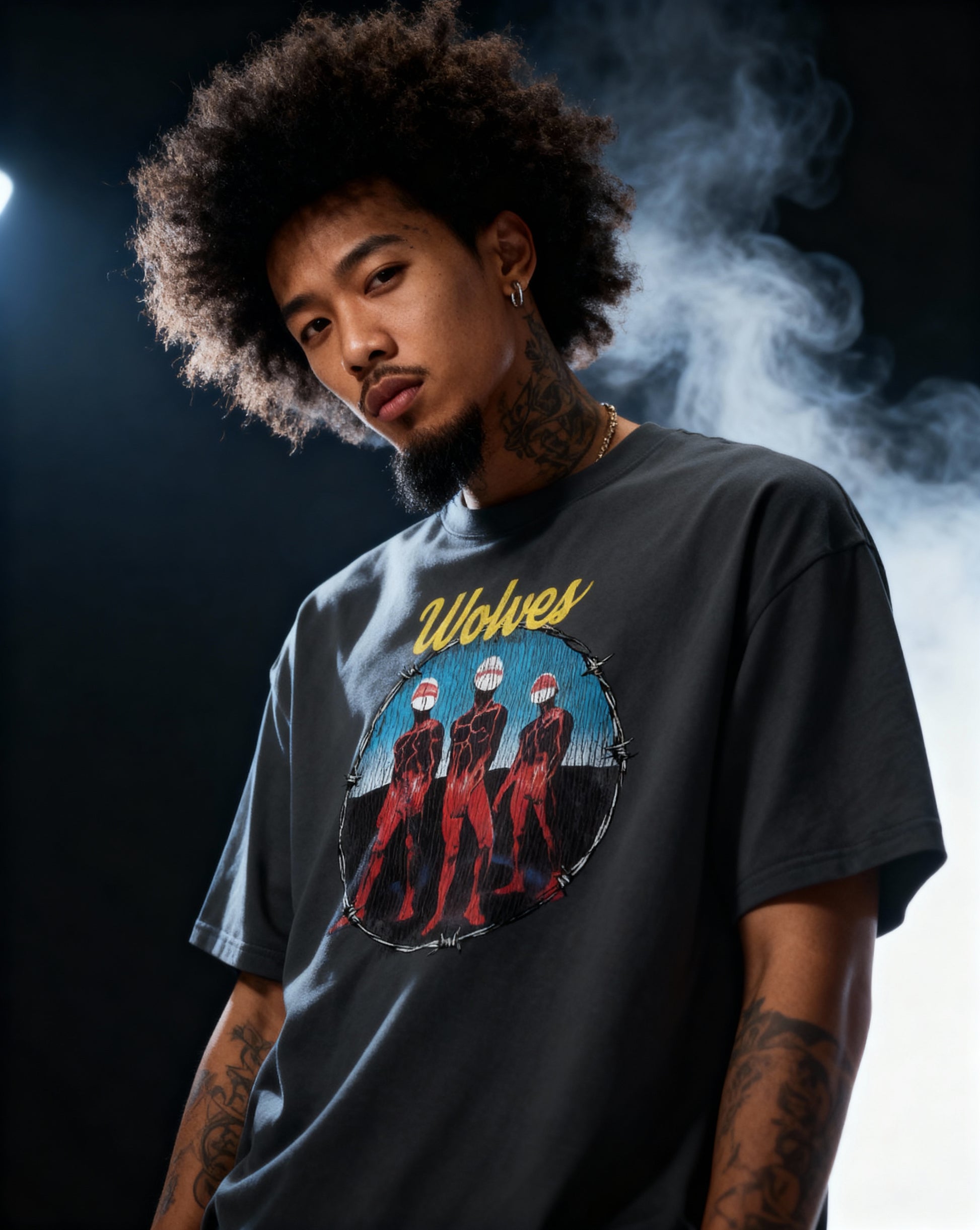 Model wearing Wolves Cry Descendants vintage black oversized tee — washed black streetwear shirt styled with relaxed fit and bold graphic.