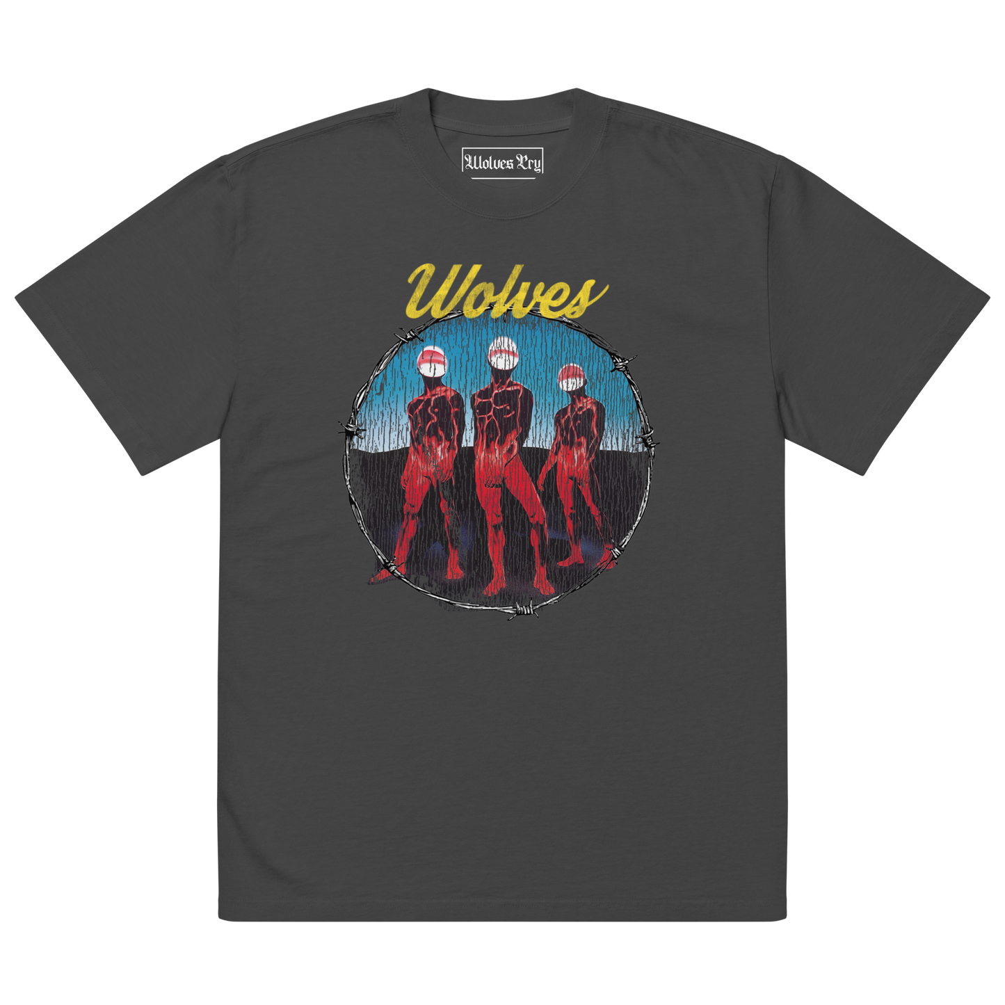 Wolves Cry Descendants oversized tee in vintage black — washed black graphic t-shirt with bold multicolor artwork and relaxed streetwear fit.