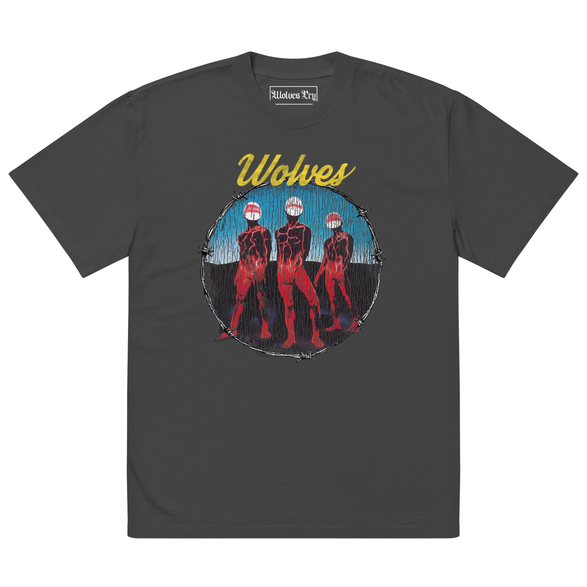 Wolves Cry Descendants oversized tee in vintage black — washed black graphic t-shirt with bold multicolor artwork and relaxed streetwear fit.