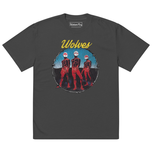 Wolves Cry Descendants oversized tee in vintage black — washed black graphic t-shirt with bold multicolor artwork and relaxed streetwear fit.