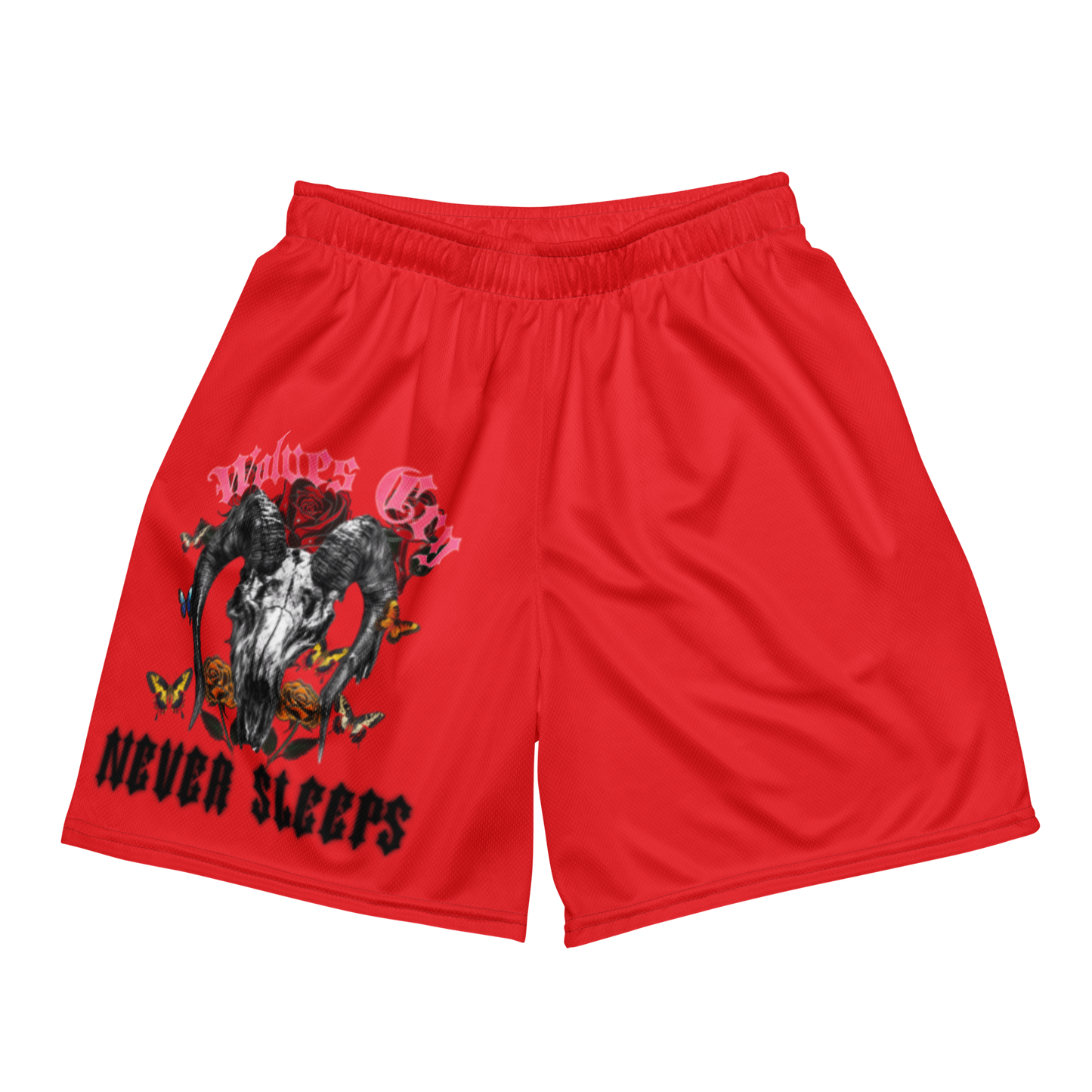 Front mock-up of Wolves Cry DVNS Mesh Shorts in Red Edition — desert heat tones with vintage graphic energy.