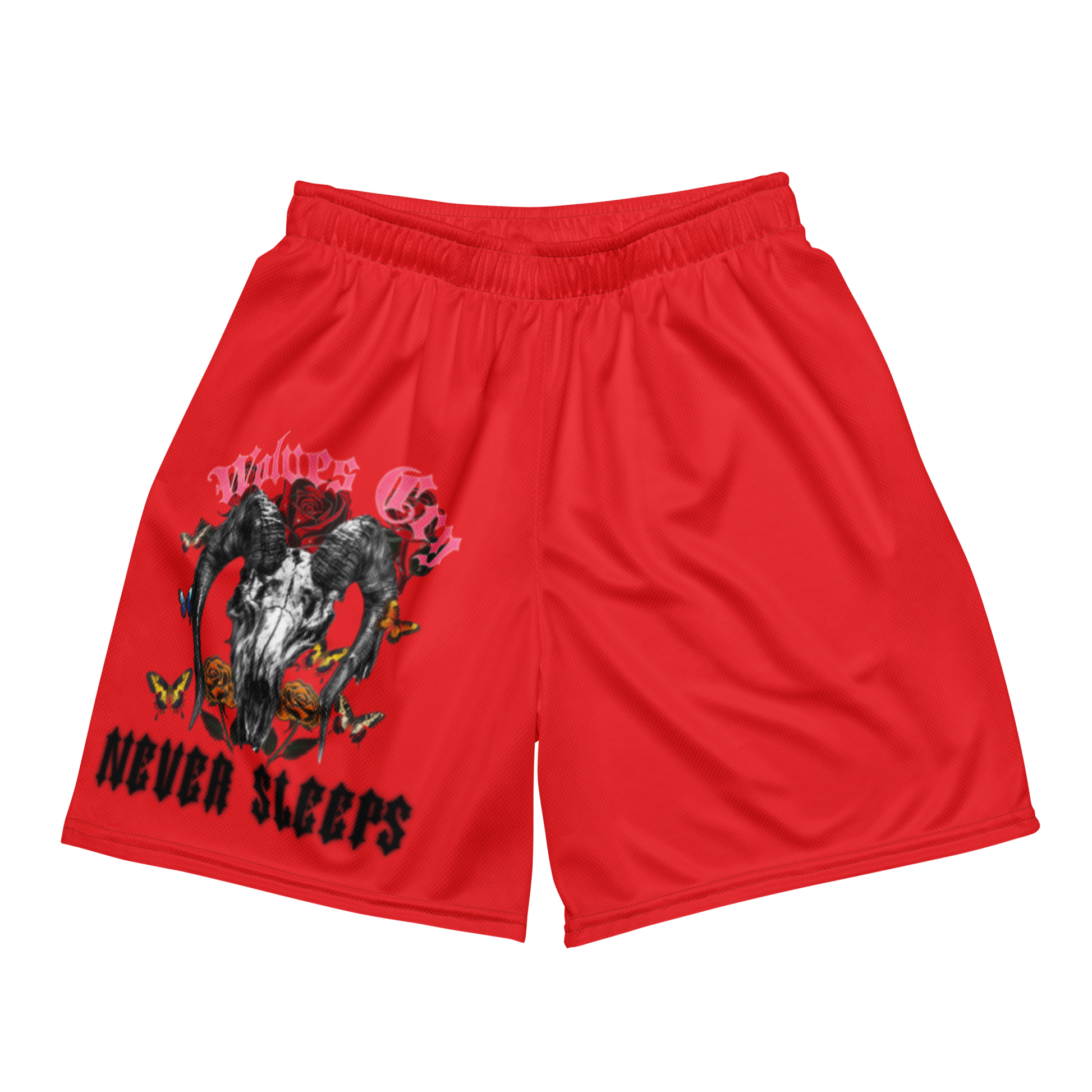 Front mock-up of Wolves Cry DVNS Mesh Shorts in Red Edition — desert heat tones with vintage graphic energy.