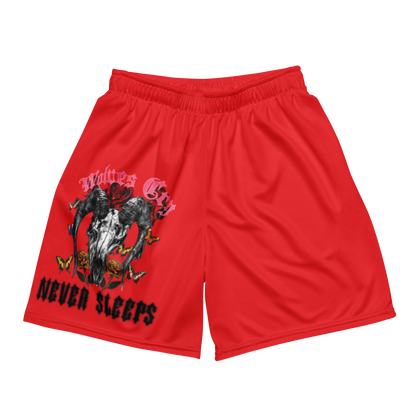 Front mock-up of Wolves Cry DVNS Mesh Shorts in Red Edition — desert heat tones with vintage graphic energy.