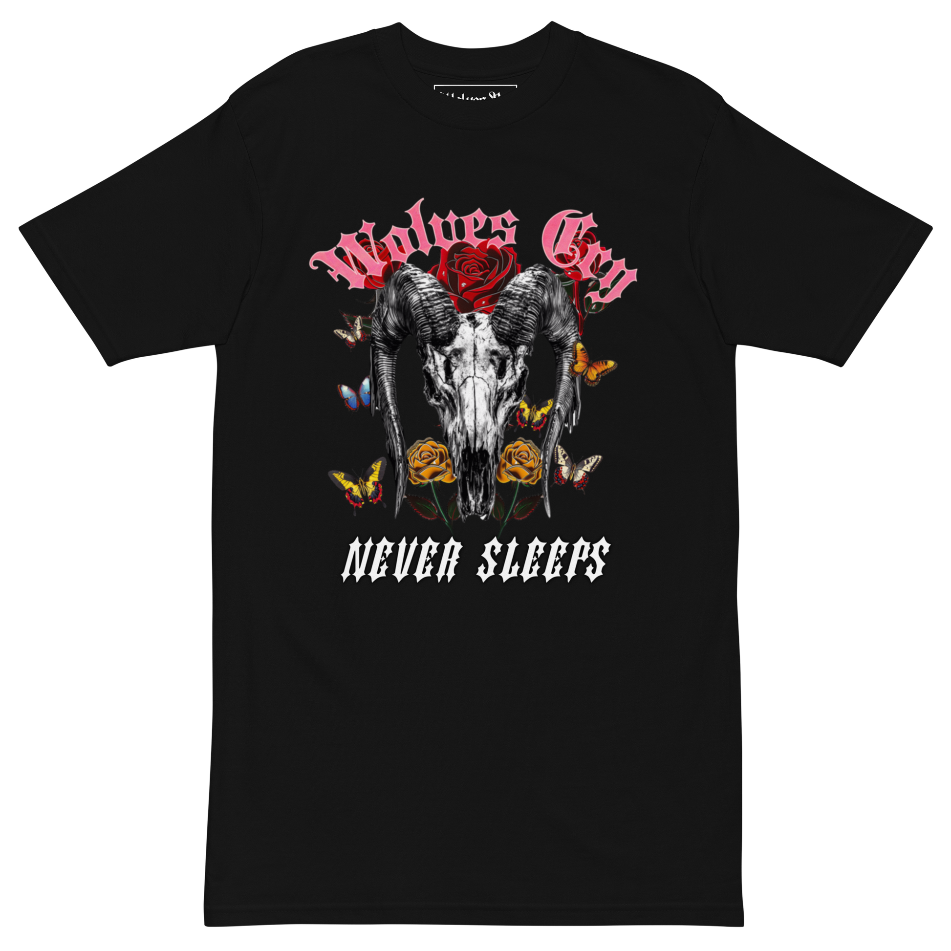 Front mock-up of Wolves Cry DVNS Tee in black — striking “Never Sleeps” skull-and-flower graphic in red and white, printed on heavyweight cotton for timeless streetwear appeal.