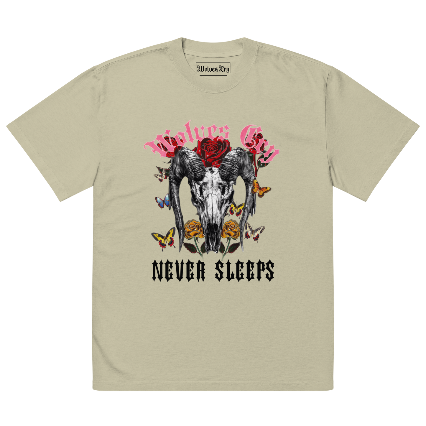 Front mock-up of Wolves Cry DVNS Tee in sage green — signature “Never Sleeps” skull and rose graphic printed on soft heavyweight cotton, inspired by Death Valley tones.