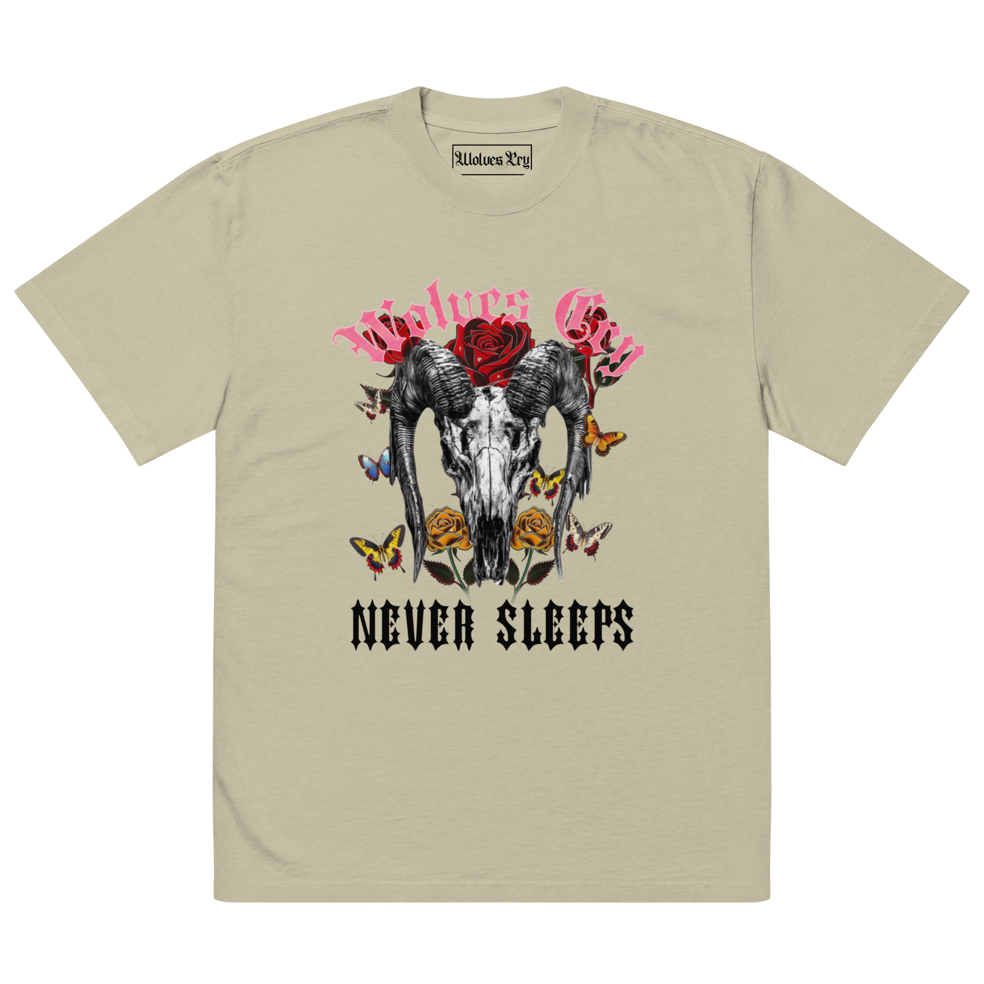 Front mock-up of Wolves Cry DVNS Tee in sage green — signature “Never Sleeps” skull and rose graphic printed on soft heavyweight cotton, inspired by Death Valley tones.