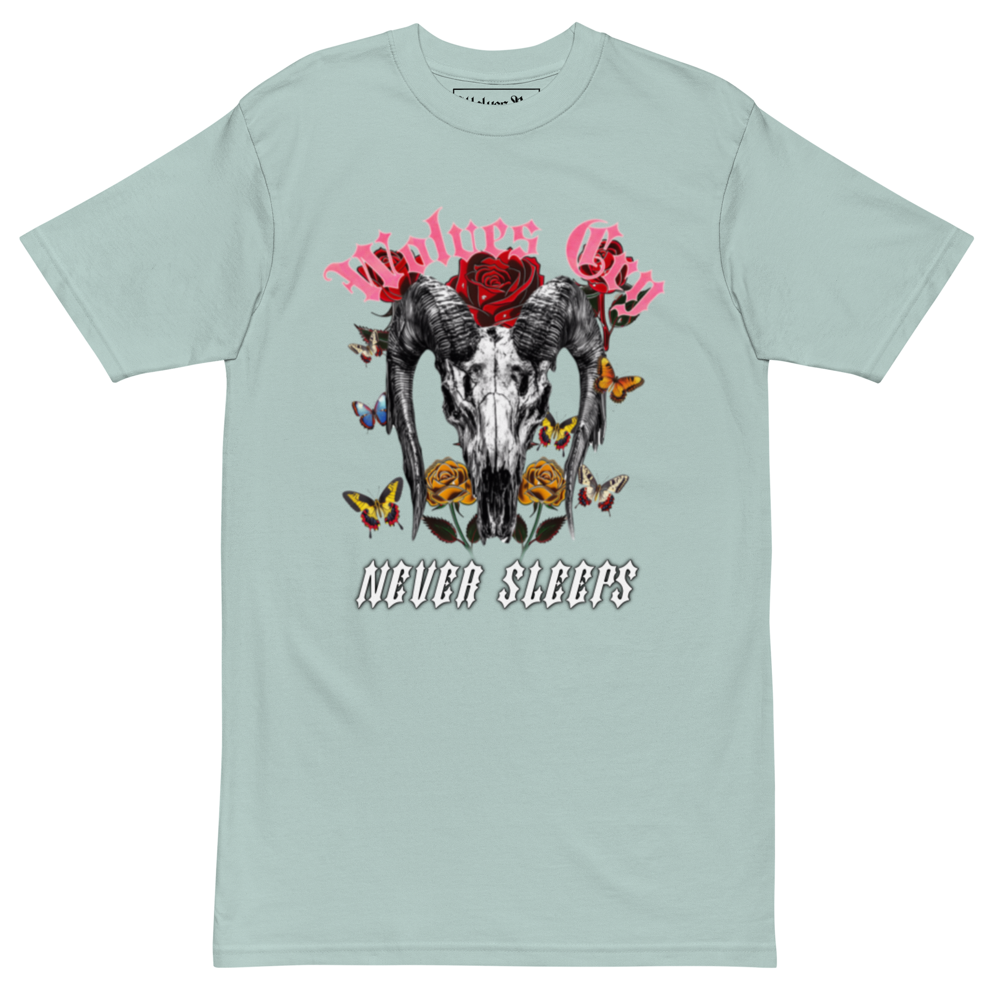 Front mock-up of Wolves Cry DVNS Tee in stone blue — featuring the signature “DIVINE SEASON” floral graphic, printed on heavyweight cotton for timeless streetwear appeal.
