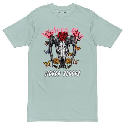 Front mock-up of Wolves Cry DVNS Tee in stone blue — featuring the signature “DIVINE SEASON” floral graphic, printed on heavyweight cotton for timeless streetwear appeal.
