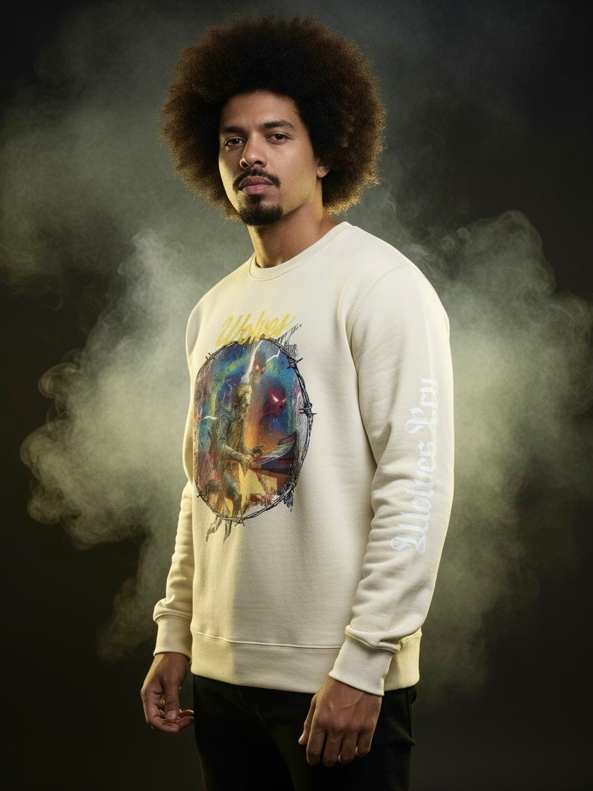 Model wearing the Wolves Cry Electric Symphony oatmeal crewneck — cinematic lighting, relaxed street fit, soft neutral tone.