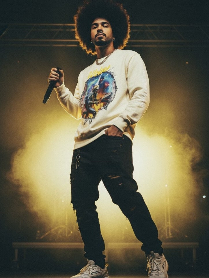 Oatmeal Electric Symphony crew styled on stage — warm lighting and movement capturing live energy in classic Wolves Cry style.