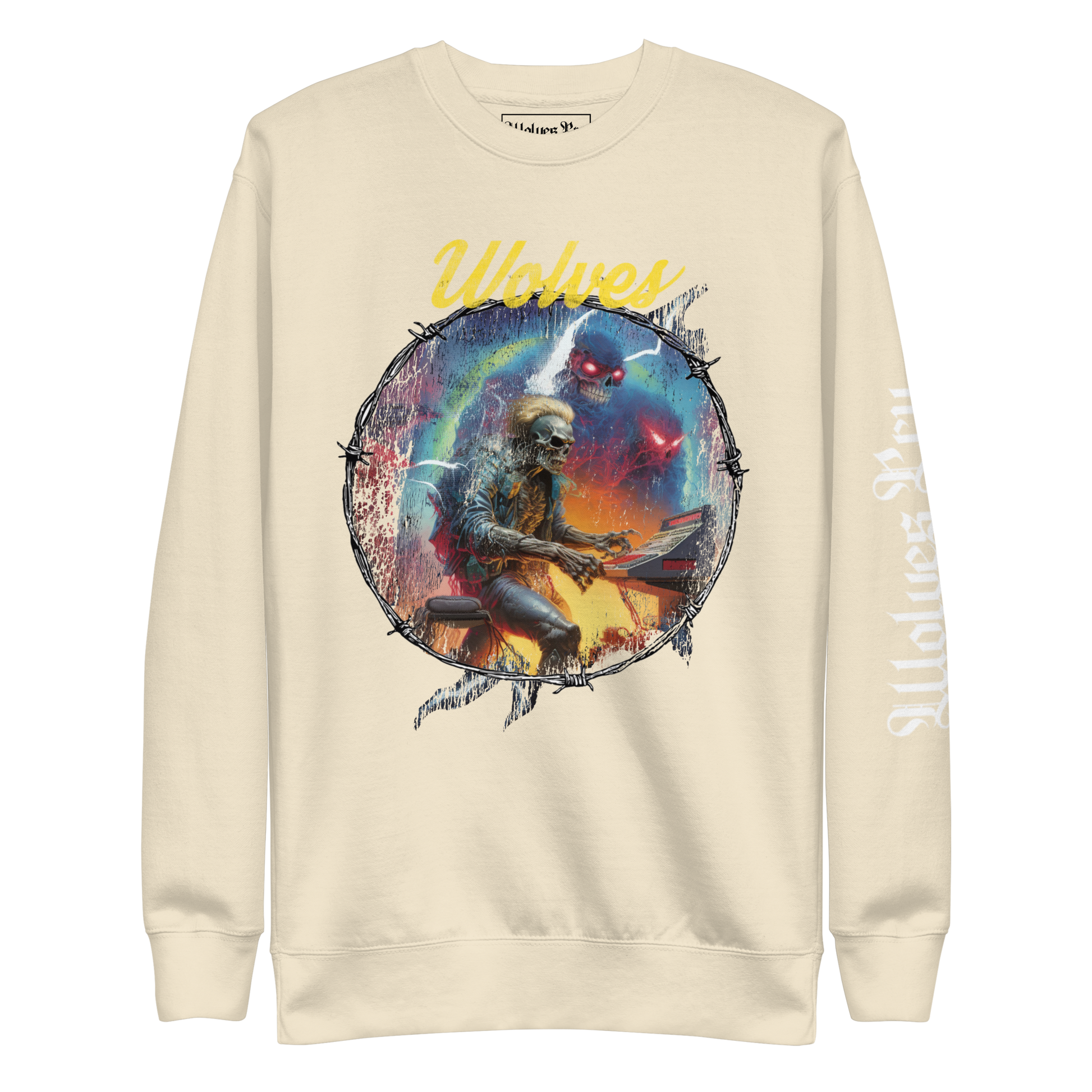 Wolves Cry Electric Symphony crewneck in oatmeal — oversized vintage fit with multicolor graphic front print.