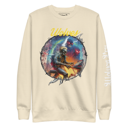 Wolves Cry Electric Symphony crewneck in oatmeal — oversized vintage fit with multicolor graphic front print.