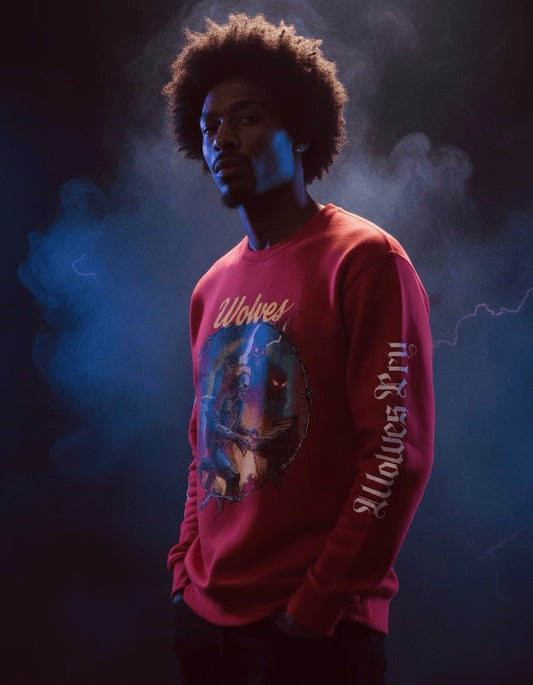 Model wearing the Wolves Cry Electric Symphony crew in red under stage lighting — cinematic smoke backdrop, vintage streetwear tone.