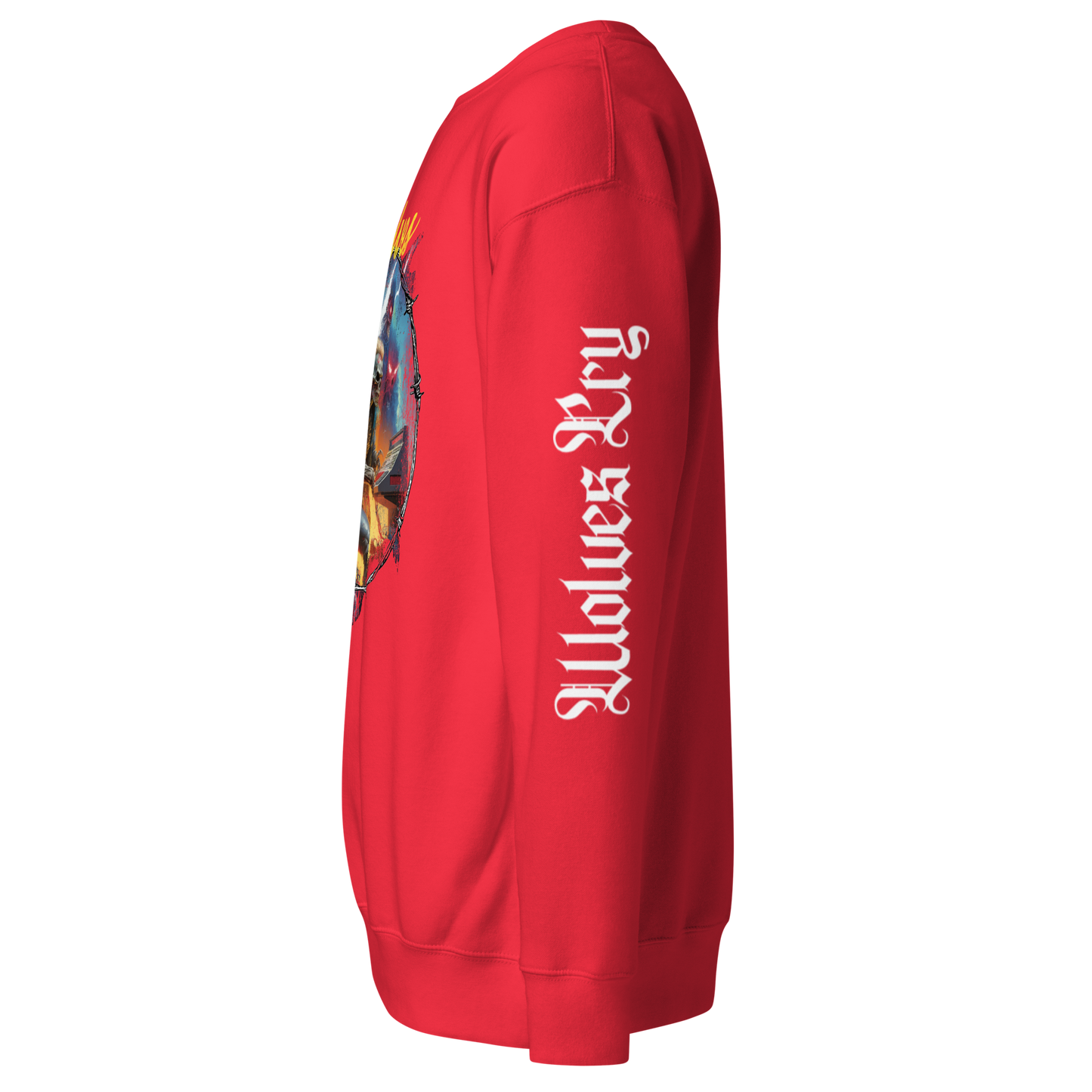 Close-up side view of the red Electric Symphony crewneck featuring Wolves Cry sleeve hit and graphic detail.