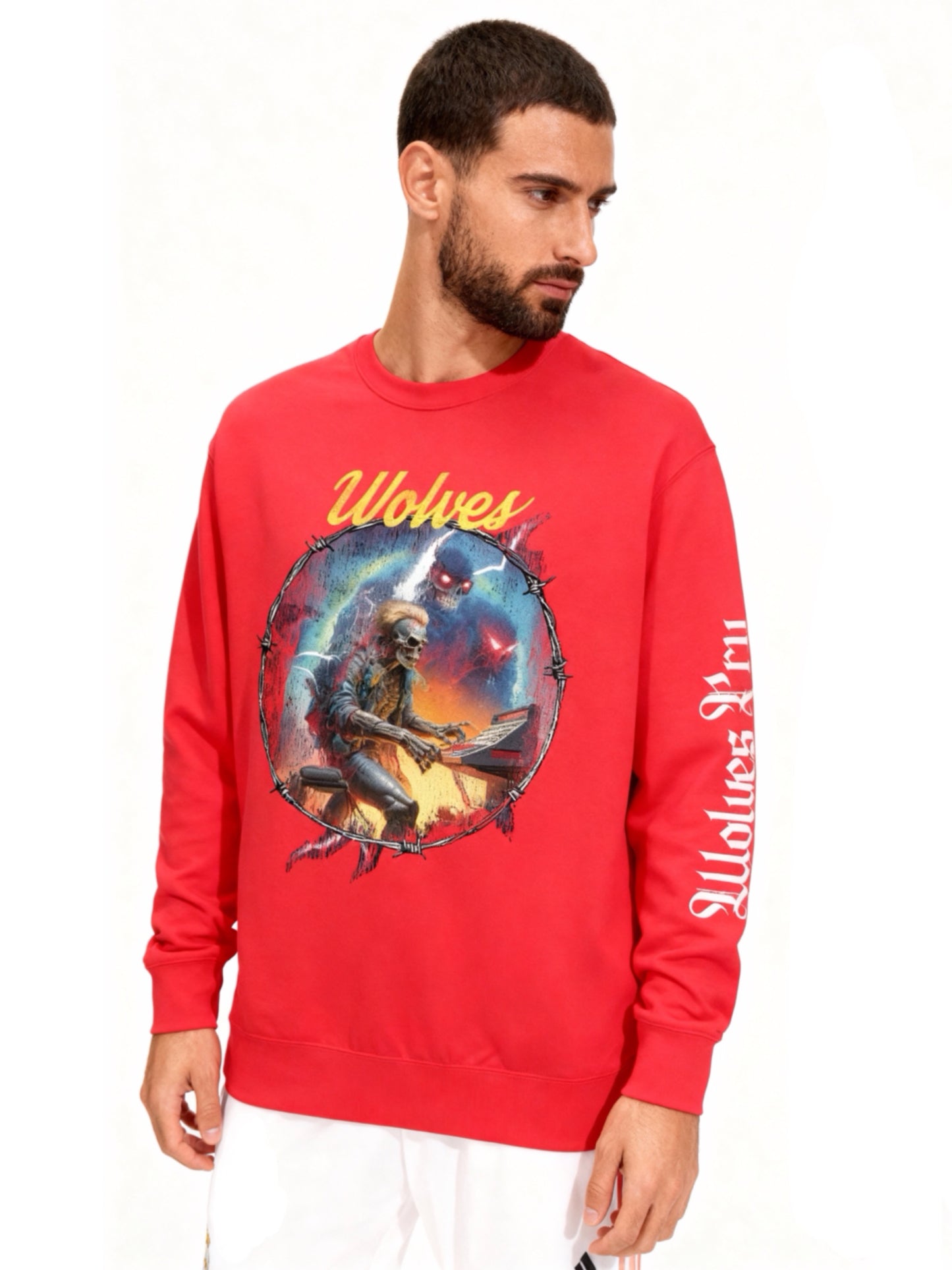 Electric Symphony crew in red worn on stage — high energy, live performance setting, bold streetwear statement.