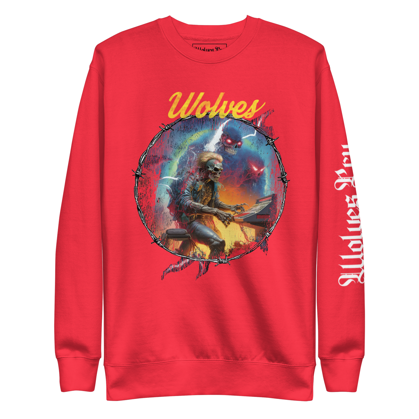 Wolves Cry Electric Symphony crewneck in red — bold oversized fit with multicolor graphic and Wolves Cry chest text.