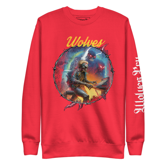 Wolves Cry Electric Symphony crewneck in red — bold oversized fit with multicolor graphic and Wolves Cry chest text.