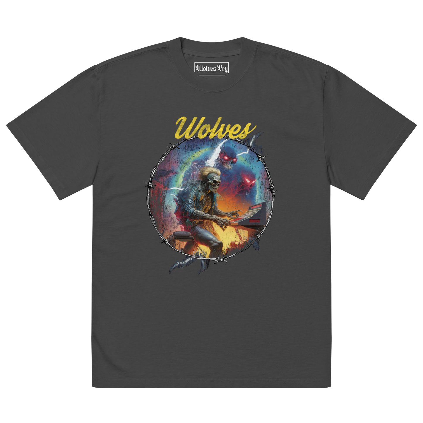 Oversized Wolves Cry Electric Symphony tee in black — bold multicolor graphic artwork printed on a washed vintage black cotton base.