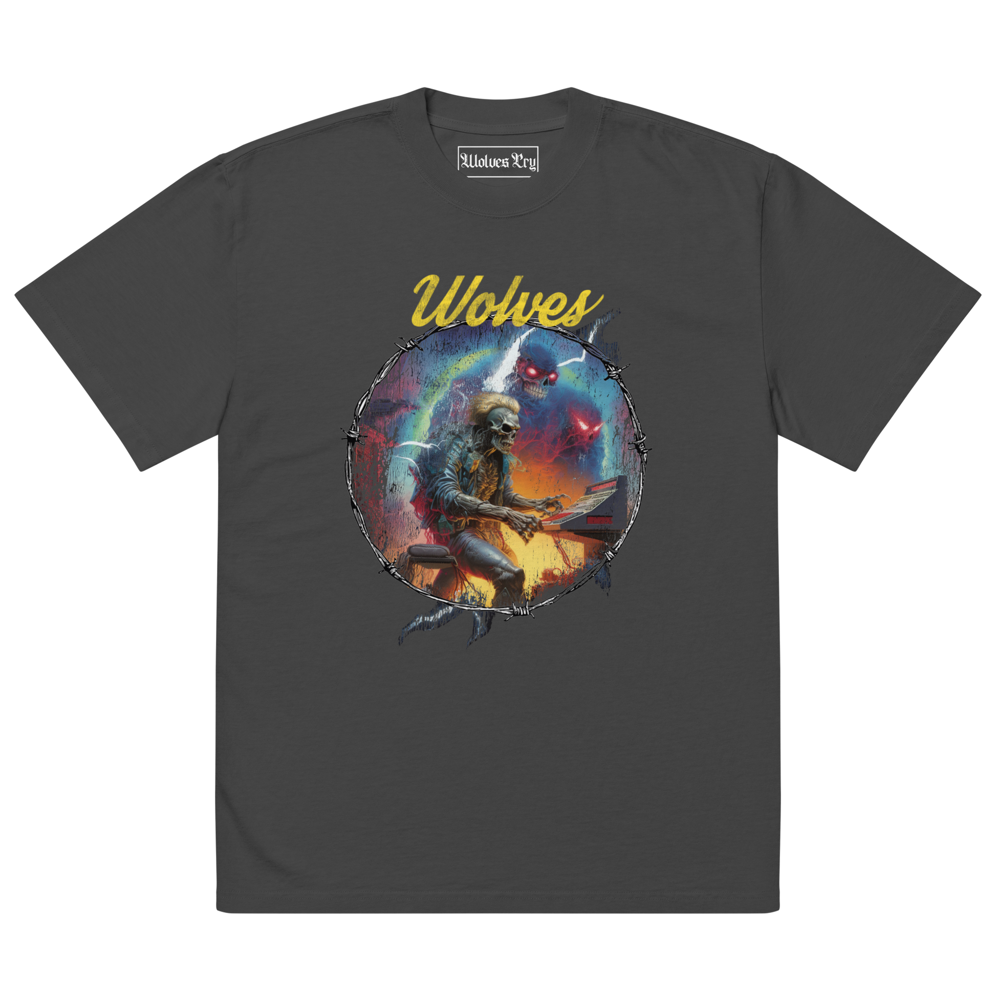 Oversized Wolves Cry Electric Symphony tee in black — bold multicolor graphic artwork printed on a washed vintage black cotton base.