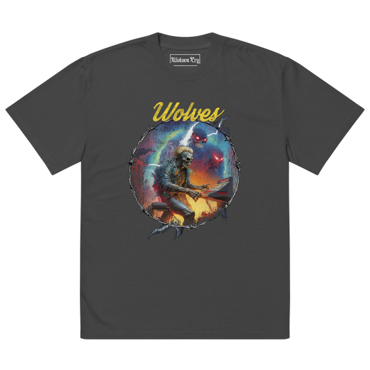 Oversized Wolves Cry Electric Symphony tee in black — bold multicolor graphic artwork printed on a washed vintage black cotton base.