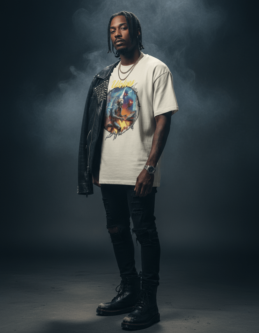 Model wearing Wolves Cry Electric Symphony Oversized Tee in bone, paired with dark pants and leather jacket — merging vintage minimalism with charged street energy.