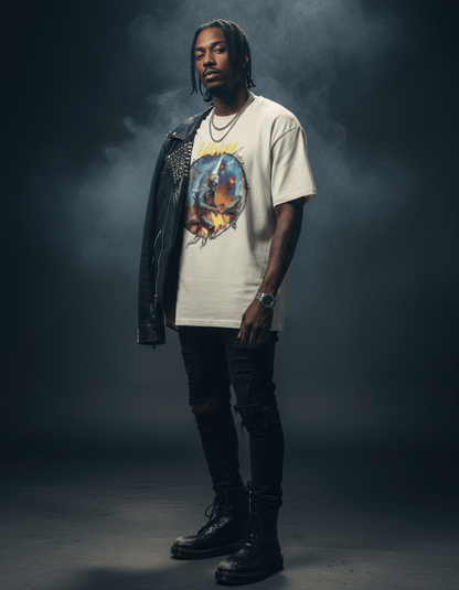 Model wearing Wolves Cry Electric Symphony Oversized Tee in bone, paired with dark pants and leather jacket — merging vintage minimalism with charged street energy.