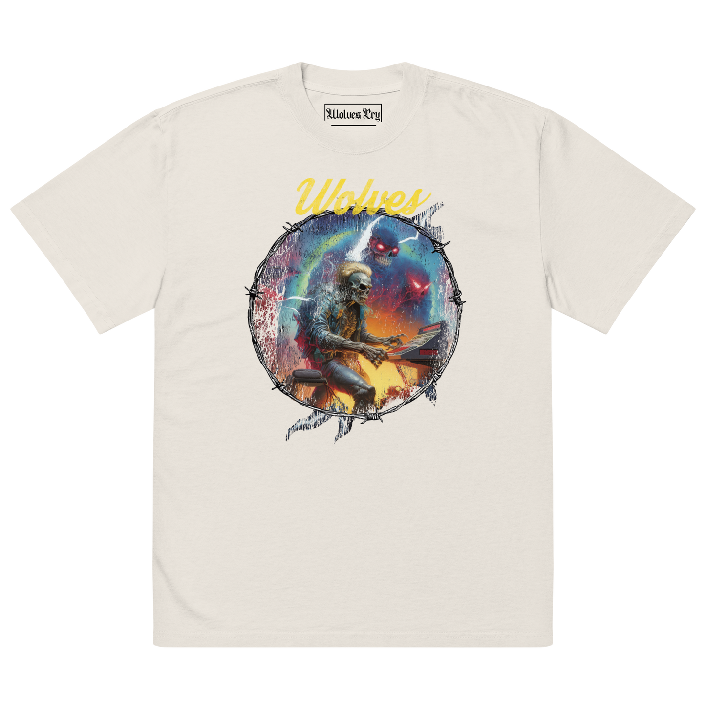 Front mock-up of the Wolves Cry Electric Symphony Oversized Tee in bone — vivid circular artwork with electric tones printed on heavyweight cotton.