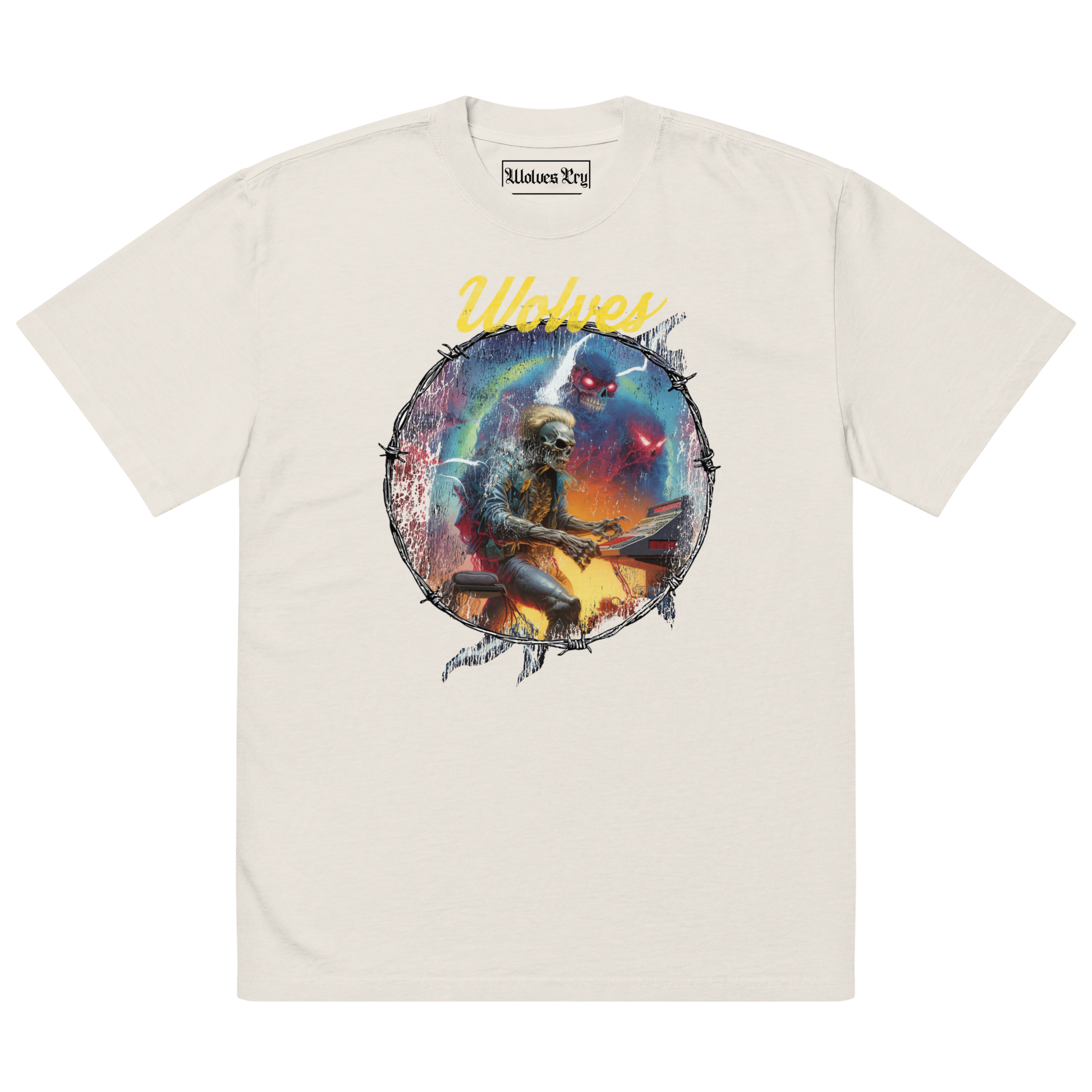 Front mock-up of the Wolves Cry Electric Symphony Oversized Tee in bone — vivid circular artwork with electric tones printed on heavyweight cotton.