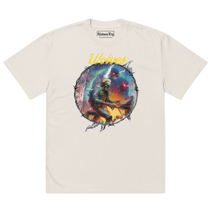 Front mock-up of the Wolves Cry Electric Symphony Oversized Tee in bone — vivid circular artwork with electric tones printed on heavyweight cotton.