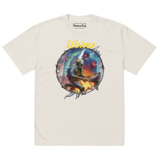 Front mock-up of the Wolves Cry Electric Symphony Oversized Tee in bone — vivid circular artwork with electric tones printed on heavyweight cotton.