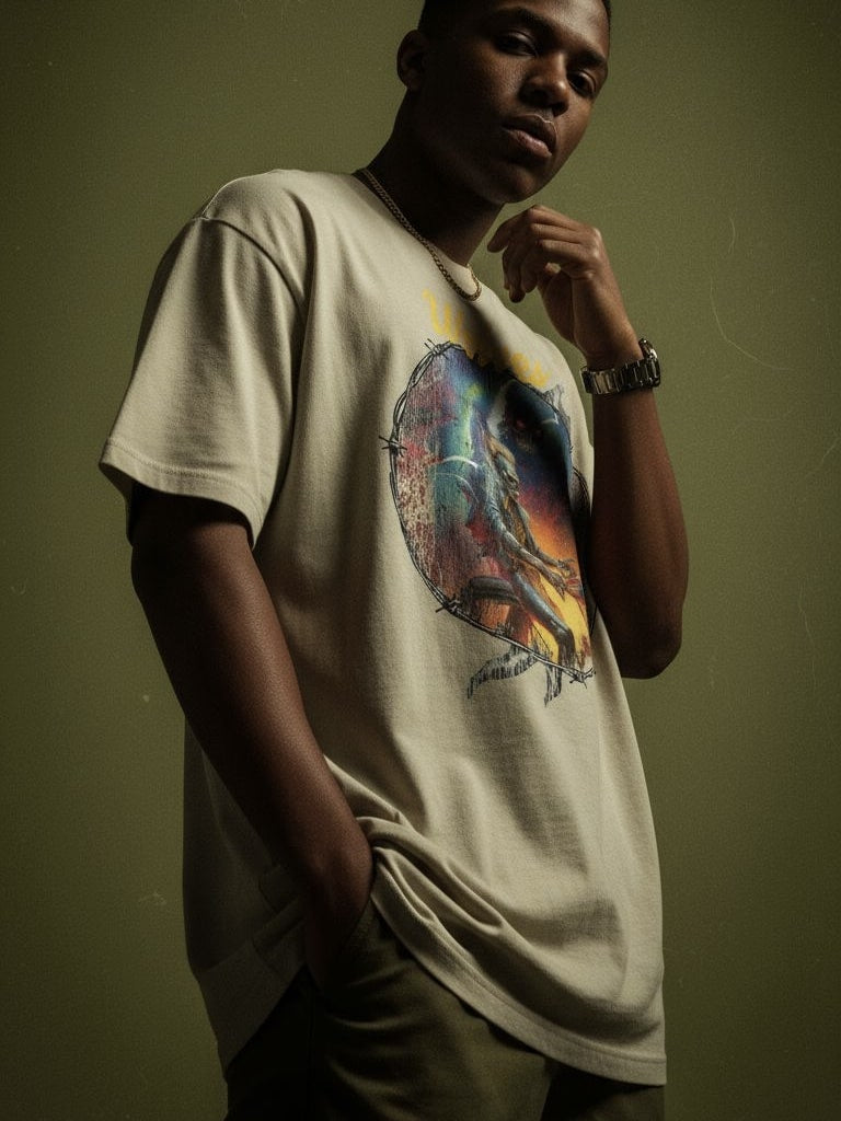 Model wearing the Wolves Cry Electric Symphony oversized tee in sage — art-forward streetwear style with warm tonal lighting and relaxed fit silhouette.
