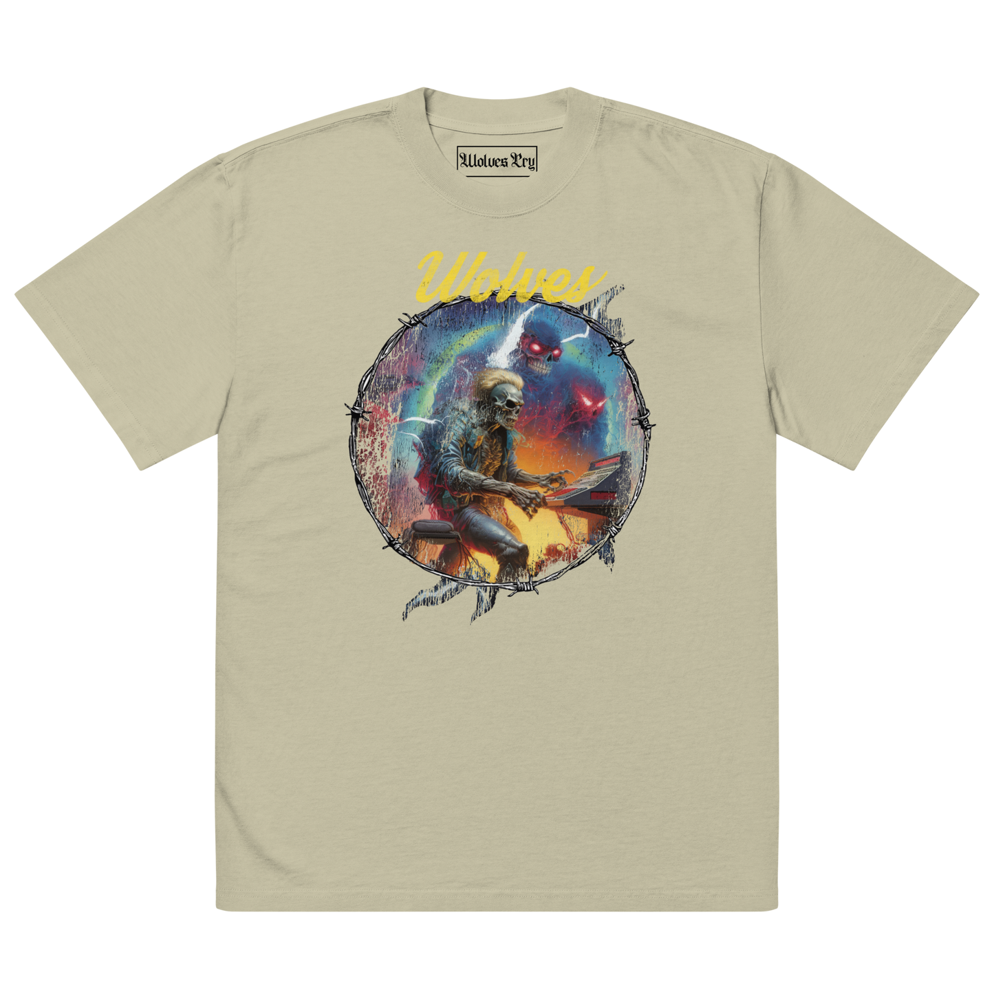 Oversized Wolves Cry Electric Symphony tee in sage — earthy vintage-wash cotton with multicolor graphic artwork inspired by motion, rhythm, and movement.