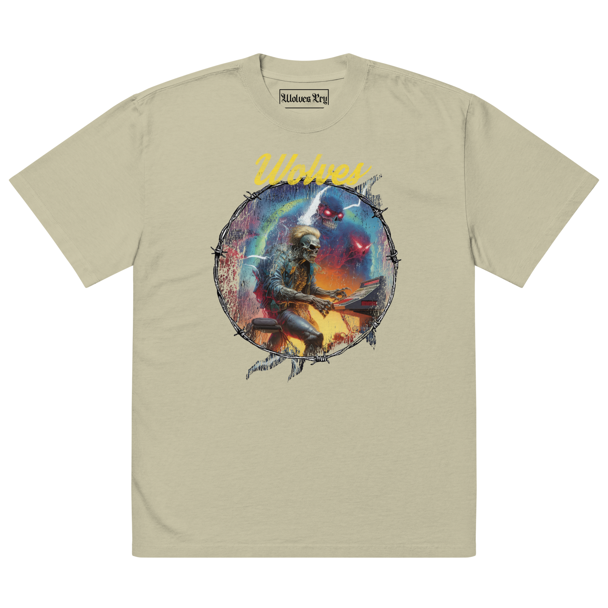 Oversized Wolves Cry Electric Symphony tee in sage — earthy vintage-wash cotton with multicolor graphic artwork inspired by motion, rhythm, and movement.