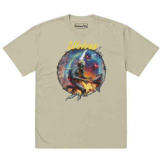 Oversized Wolves Cry Electric Symphony tee in sage — earthy vintage-wash cotton with multicolor graphic artwork inspired by motion, rhythm, and movement.