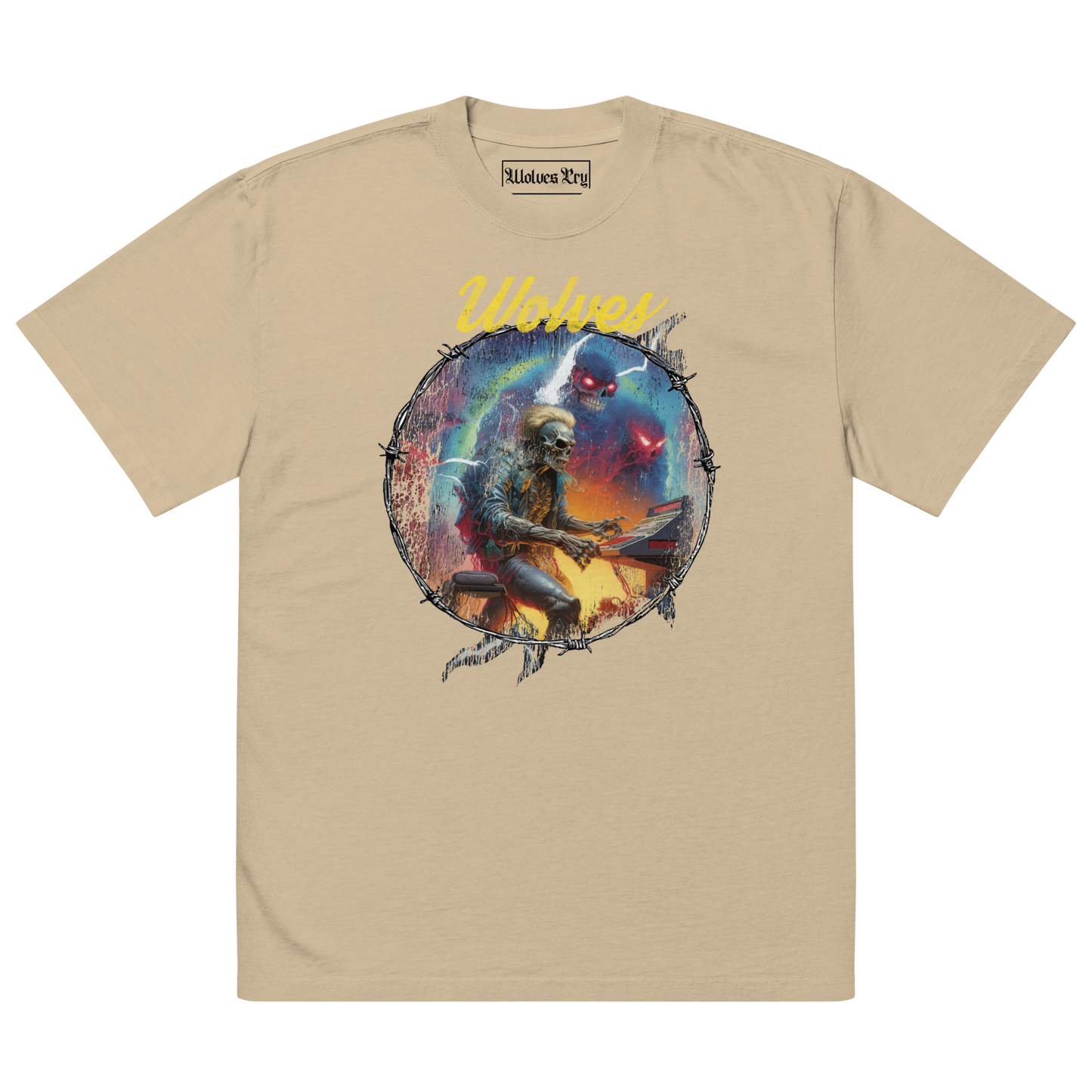 Oversized Wolves Cry Electric Symphony tee in sand — vintage-wash base with multi-tone graphic composition and movement-inspired streetwear energy.