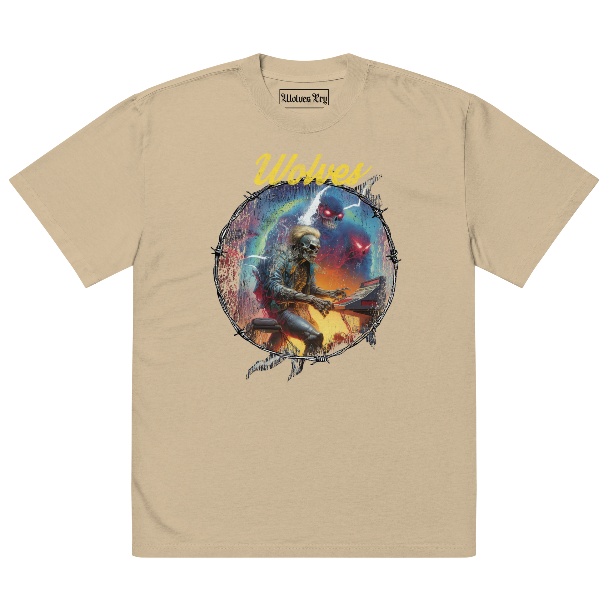 Oversized Wolves Cry Electric Symphony tee in sand — vintage-wash base with multi-tone graphic composition and movement-inspired streetwear energy.