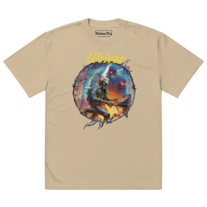 Oversized Wolves Cry Electric Symphony tee in sand — vintage-wash base with multi-tone graphic composition and movement-inspired streetwear energy.