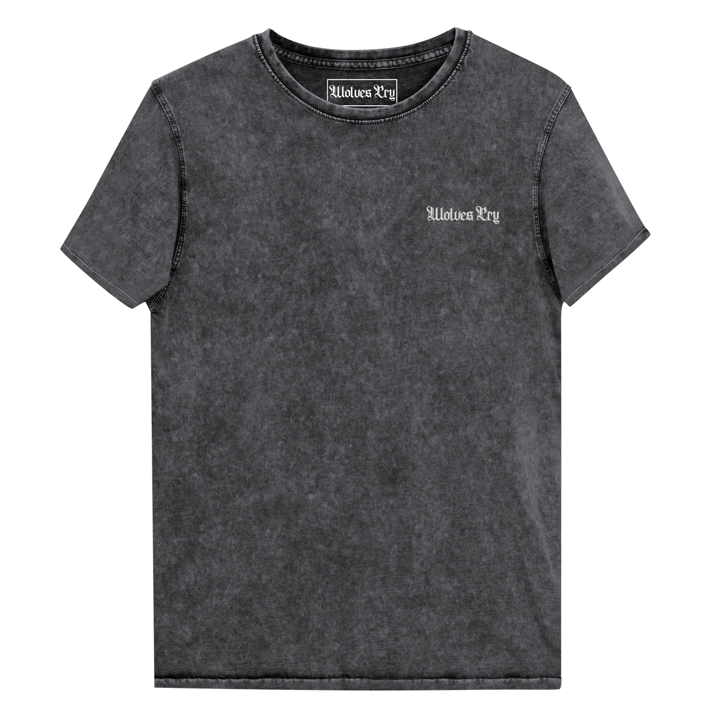 Wolves Cry Originals Embroidered Denim Tee in black, made from 100% combed cotton. Features a marbled texture and minimalist embroidered OG logo on the chest, blending rebellious streetwear culture with timeless style.